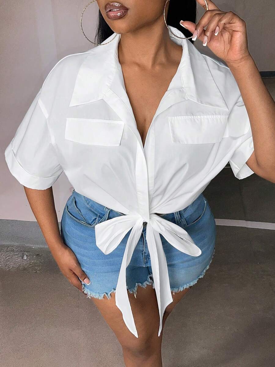 Slaydiva 大碼翻蓋細節落肩袖下擺打結襯衫 - 白色 - 查看 1