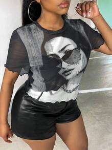 Slaydiva áo nữ kích thước lớn cắt Xù nhỏ Con số Gợi cảm - Đen và trắng - Xem 3