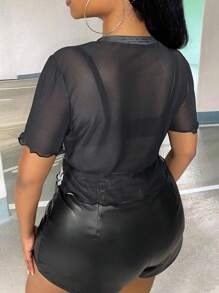 Slaydiva áo nữ kích thước lớn cắt Xù nhỏ Con số Gợi cảm - Đen và trắng - Xem 6