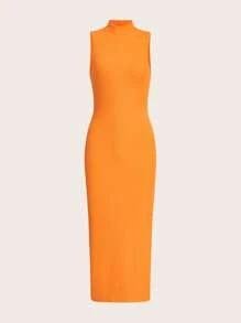 SHEIN Essnce Solid Split Thigh Tank Dress - Orange - View 1