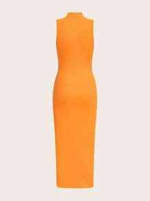 SHEIN Essnce Solid Split Thigh Tank Dress - Orange - View 2