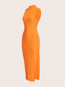 SHEIN Essnce Solid Split Thigh Tank Dress - Orange - View 3