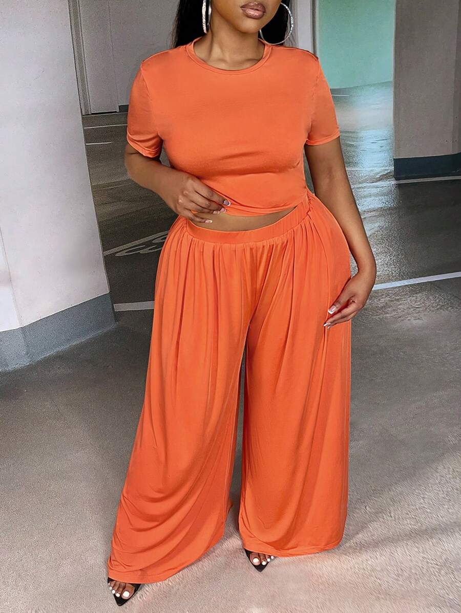 Slaydiva Plus Solid Crop Tee & Wide Leg Trousers - Orange - View 1