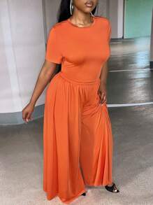 Slaydiva Plus Solid Crop Tee & Wide Leg Trousers - Orange - View 3