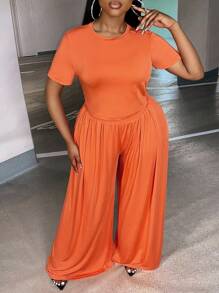 Slaydiva Plus Solid Crop Tee & Wide Leg Trousers - Orange - View 4