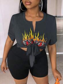 Slaydiva Plus Fire & Letter Graphic Knot Front Crop Tee - Dark Grey - View 3