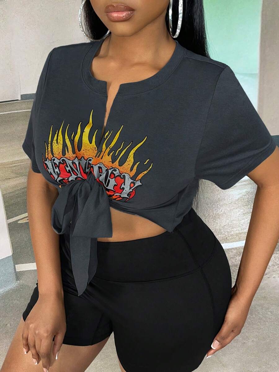 Slaydiva Plus Fire & Letter Graphic Knot Front Crop Tee - Dark Grey - View 1