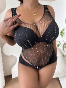 Body teddy con diamante de imitación tachuela de malla sin forro