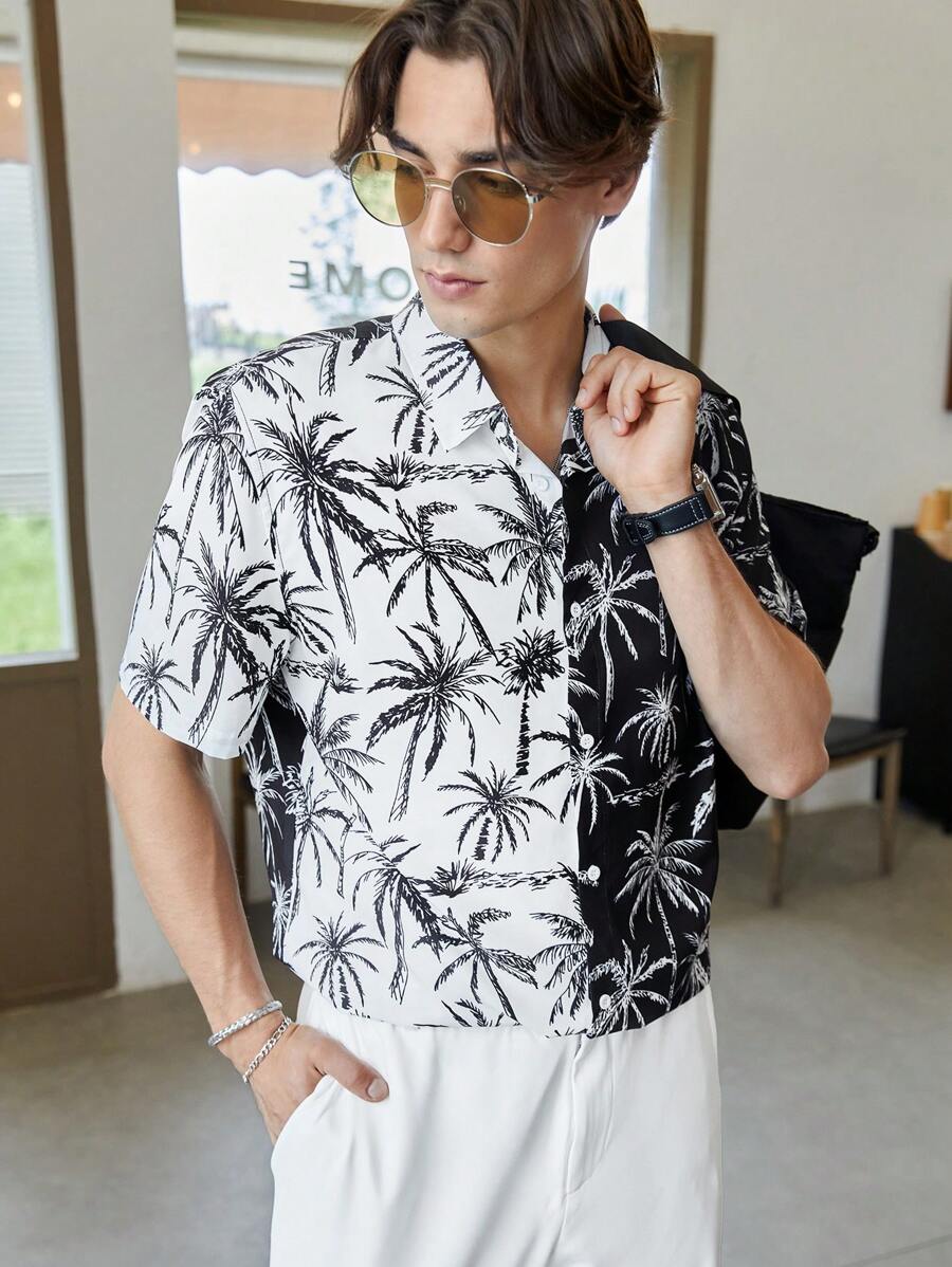 Manfinity RebelGame Men Coconut Tree Print Two Tone Shirt Without Tee - Black and White - View 1