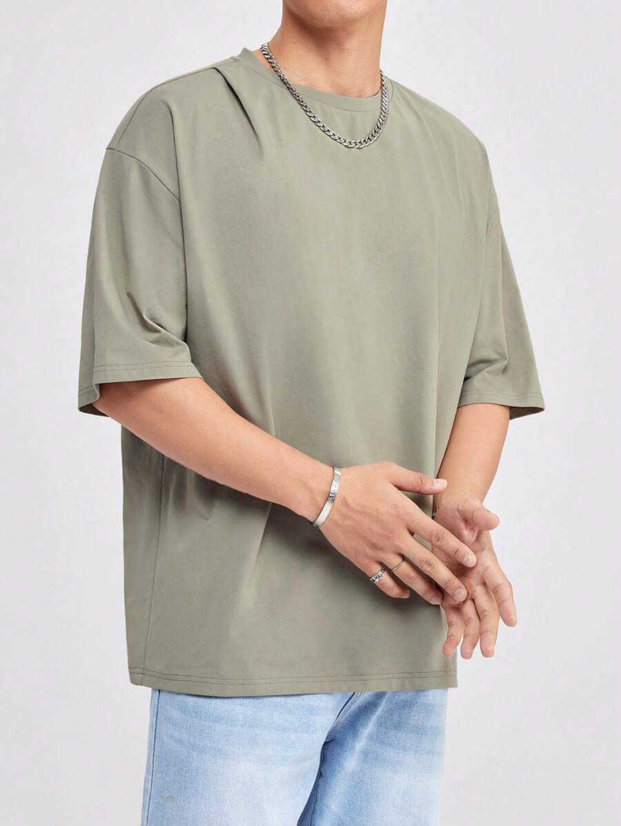 SWAVVY Loose Men Solid Drop Shoulder Round Neck T-Shirt, Summer - Army Green - View 1