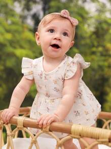 SHEIN Baby Floral Print Ruffle Trim Peplum Waist Top & Shorts - White - View 3