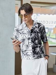Manfinity RebelGame Men Coconut Tree Print Two Tone Shirt Without Tee - Black and White - View 4