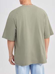 SWAVVY Loose Men Solid Drop Shoulder Round Neck T-Shirt, Summer - Army Green - View 2