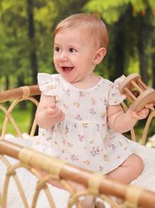 SHEIN Baby Floral Print Ruffle Trim Peplum Waist Top & Shorts - White - View 5