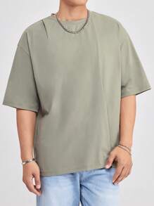 SWAVVY Loose Men Solid Drop Shoulder Round Neck T-Shirt, Summer - Army Green - View 4