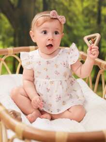 SHEIN Baby Floral Print Ruffle Trim Peplum Waist Top & Shorts - White - View 6