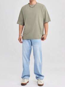 SWAVVY Loose Men Solid Drop Shoulder Round Neck T-Shirt, Summer - Army Green - View 5