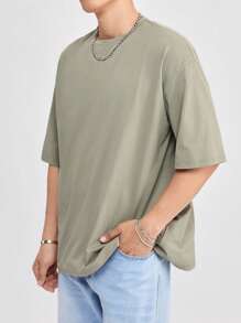 SWAVVY Loose Men Solid Drop Shoulder Round Neck T-Shirt, Summer - Army Green - View 7