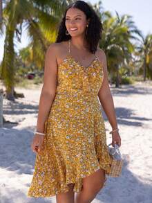 Dreamara Đầm Plus Size Lộ Lưng Xù Viên lá sen Buộc lại Dải chun Họa tiết hoa Boho - Nhiều màu - Xem 4