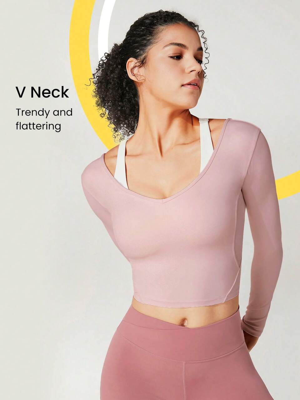 FeatherFit™ V Neck U Back Cropped Long Sleeve Tee Low Impact Yoga Pilates Daily Summer Baby Tee