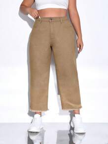 Plus Raw Hem Straight Leg Jeans - Khaki - View 5