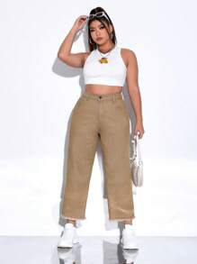 Plus Raw Hem Straight Leg Jeans - Khaki - View 4