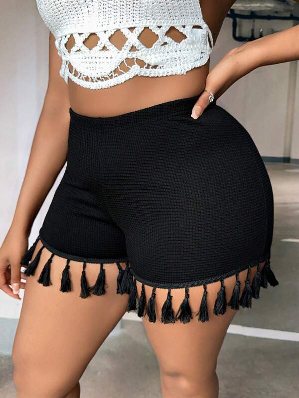 SHEIN SXY Pantalones cortos de punto de gasa con flecos, verano