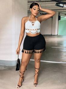 SHEIN SXY Quần short dệt kim tổ ong viền tua rua Plus, mùa hè - màu đen - Xem 3