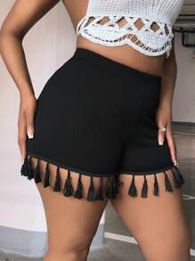 SHEIN SXY Quần short dệt kim tổ ong viền tua rua Plus, mùa hè - màu đen - Xem 4