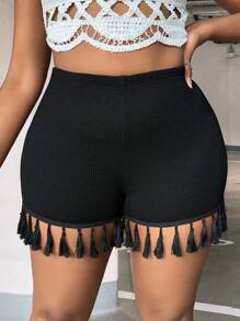 SHEIN SXY Quần short dệt kim tổ ong viền tua rua Plus, mùa hè - màu đen - Xem 5