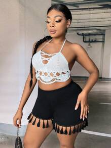 SHEIN SXY Quần short dệt kim tổ ong viền tua rua Plus, mùa hè - màu đen - Xem 6