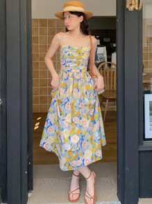 Vestido de tirantes con estampado floral fruncido delantero - Multicolor - Ver 1