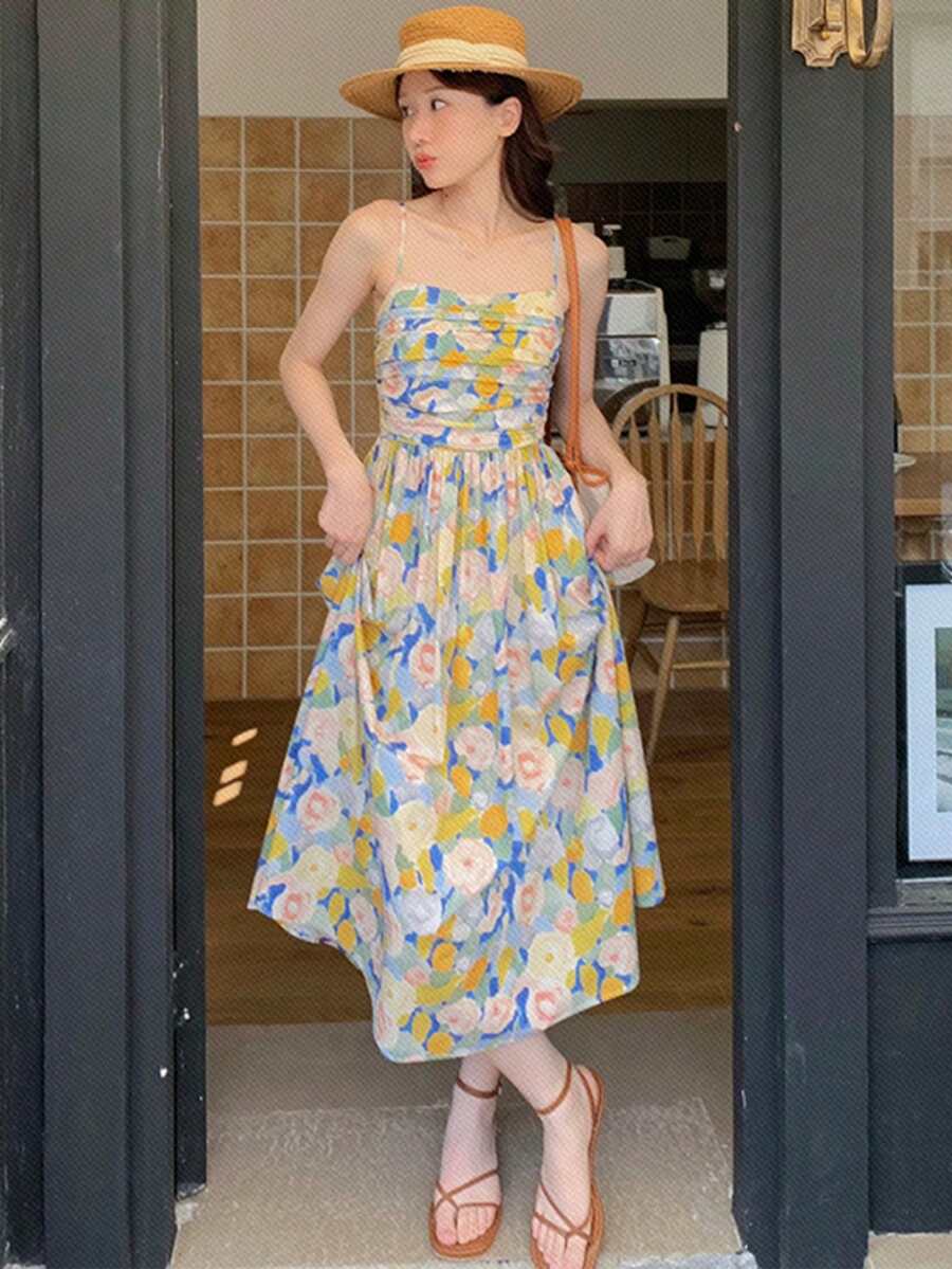 Vestido de tirantes con estampado floral fruncido delantero - Multicolor - Ver 1