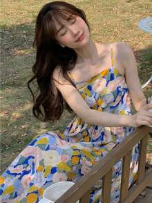 Vestido de tirantes con estampado floral fruncido delantero - Multicolor - Ver 3