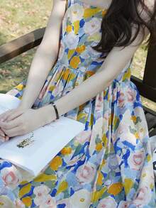 Vestido de tirantes con estampado floral fruncido delantero - Multicolor - Ver 4