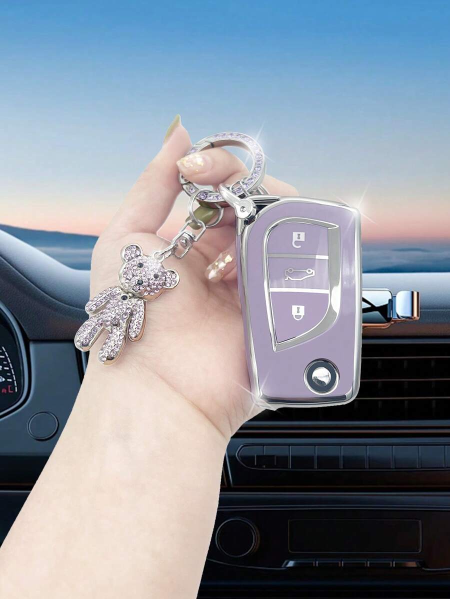 水鑽裝飾TPU汽車鑰匙包帶小熊挂件兼容豐田卡羅拉、銳智、凱美瑞、新威馳、雷凌、榮放RAV4及佩戴者 - 紫色 - 查看 1