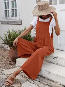 SHEIN LUNE Solid Wide Leg Pinafore Jumpsuit Without Tee - Rust Brown - View 1