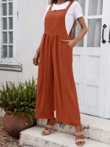 SHEIN LUNE Solid Wide Leg Pinafore Jumpsuit Without Tee - Rust Brown - View 3