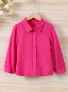 SHEIN Toddler Girls Solid Button Front Shirt Without Cami Top - Hot Pink - View 4