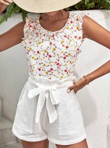 SHEIN VCAY 碎花荷葉邊襯衫 - 白色 - 查看 5