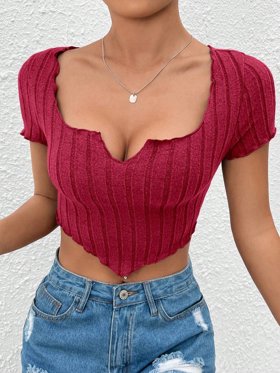 SHEIN PETITE Notched Neck Hanky Hem Crop Tee - Burgundy - View 1