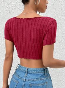 SHEIN PETITE Notched Neck Hanky Hem Crop Tee - Burgundy - View 2
