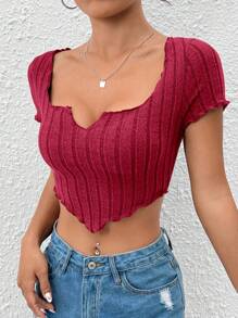 SHEIN PETITE Notched Neck Hanky Hem Crop Tee - Burgundy - View 3