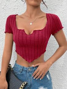 SHEIN PETITE Notched Neck Hanky Hem Crop Tee - Burgundy - View 4