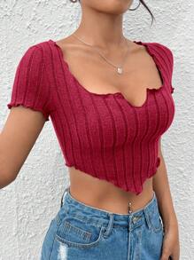 SHEIN PETITE Notched Neck Hanky Hem Crop Tee - Burgundy - View 5