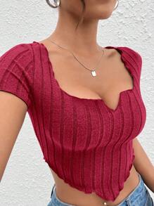 SHEIN PETITE Notched Neck Hanky Hem Crop Tee - Burgundy - View 6