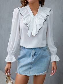 SHEIN Privé Ruffle Trim Flounce Sleeve Tie Neck Blouse - White - View 1