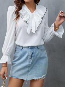 SHEIN Privé Ruffle Trim Flounce Sleeve Tie Neck Blouse - White - View 3