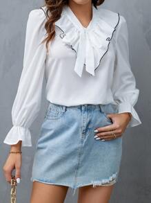 SHEIN Privé Ruffle Trim Flounce Sleeve Tie Neck Blouse - White - View 4