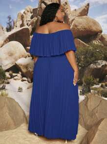 SHEIN CURVE+ 大碼一字肩百褶連衣裙 - 藍色 - 查看 2
